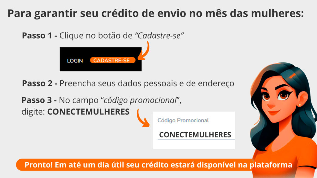 mês das mulheres, promoção dia das mulheres, dia das mulheres, envio nacional e internacional, crédito para envio de encomendas